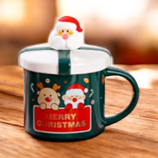 Christmas Mug With Lid and Spoon Reindeer Ceramic Coffee Cup